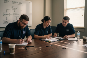 EMS team reviewing planning documents