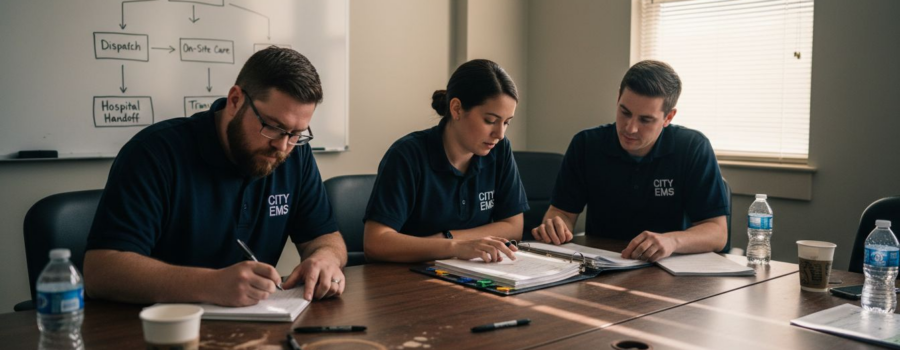 EMS team reviewing planning documents