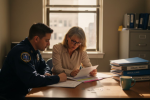 Consultant meeting with EMS paramedic in office