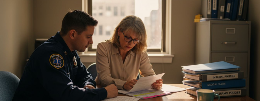 Consultant meeting with EMS paramedic in office