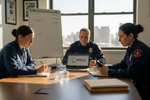 EMS team discussing radio communication protocols