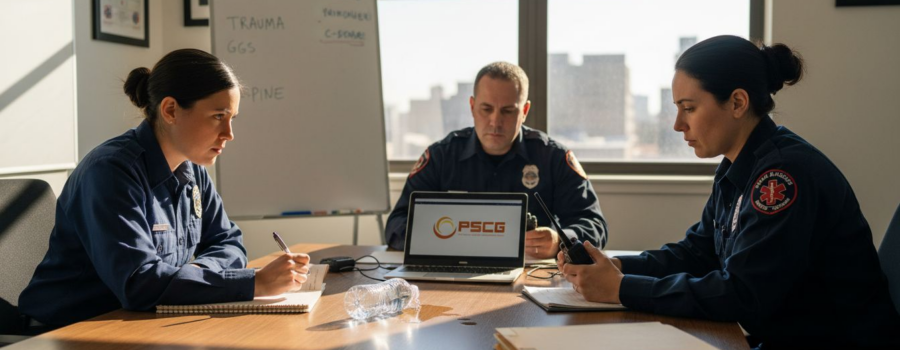 EMS team discussing radio communication protocols