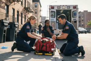 EMS paramedics working emergency scene sidewalk