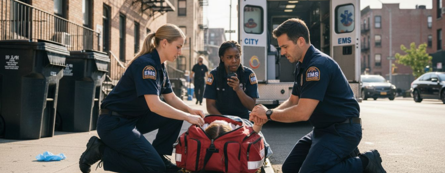 EMS paramedics working emergency scene sidewalk
