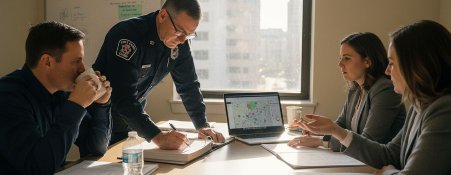 EMS chief leading strategy meeting in office