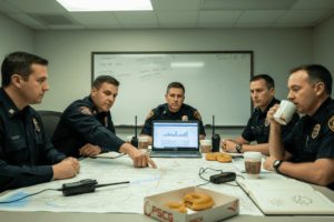 Public safety leaders coordinating at emergency operations table