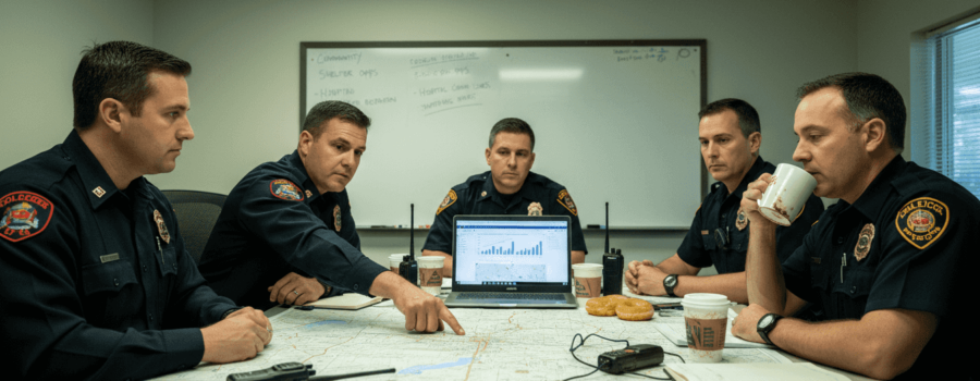 Public safety leaders coordinating at emergency operations table