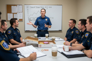 EMS team discussing quality improvement stats