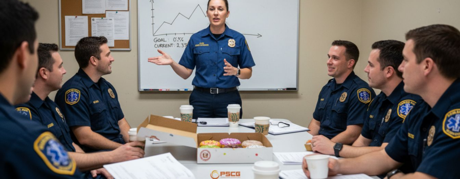 EMS team discussing quality improvement stats