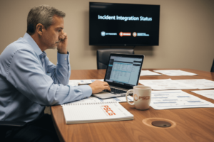 Coordinator reviewing integration charts in operations center