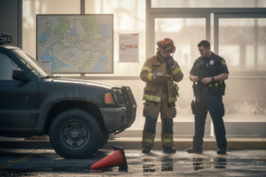 Firefighter and police officer using radios outside