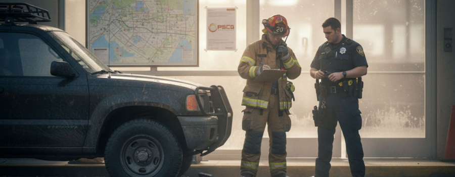 Firefighter and police officer using radios outside