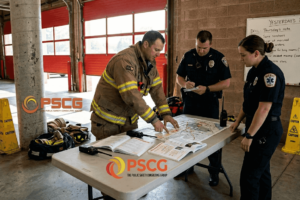 Officers debrief around table at fire station