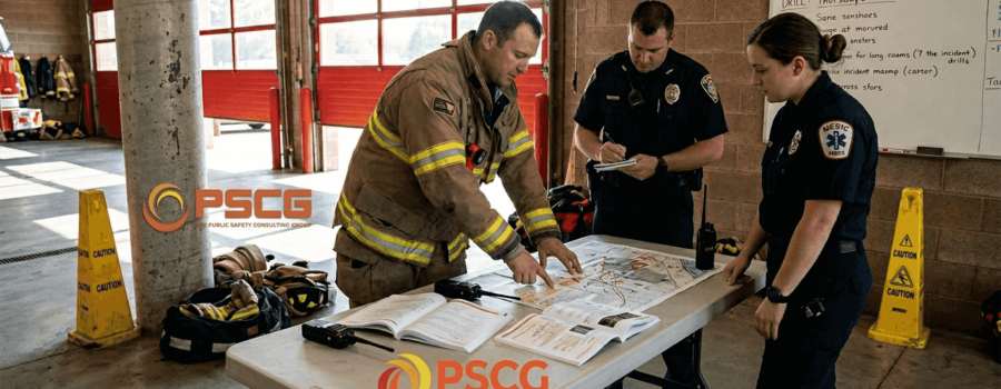 Officers debrief around table at fire station