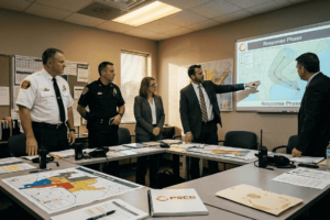 Team coordinating in emergency operations center