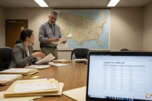 EMS director reviewing legislative documents at meeting