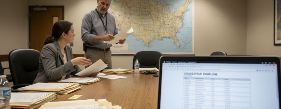 EMS director reviewing legislative documents at meeting