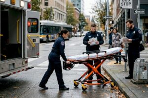 EMTs unload stretcher at busy city street