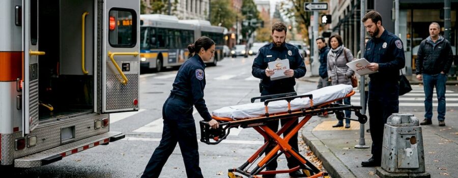 EMTs unload stretcher at busy city street