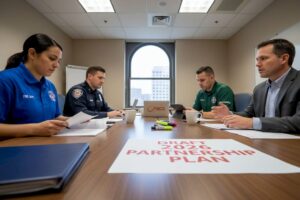 Public safety officials collaborating at table