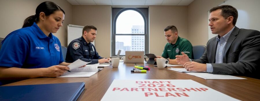 Public safety officials collaborating at table