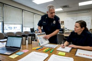 EMS supervisor reviewing continuity plan with colleague