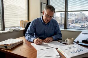 EMS medical director reviewing paperwork in office