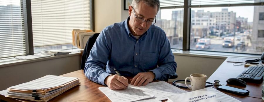 EMS medical director reviewing paperwork in office