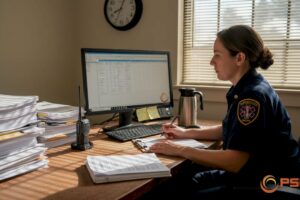 EMS supervisor reviewing schedule in office