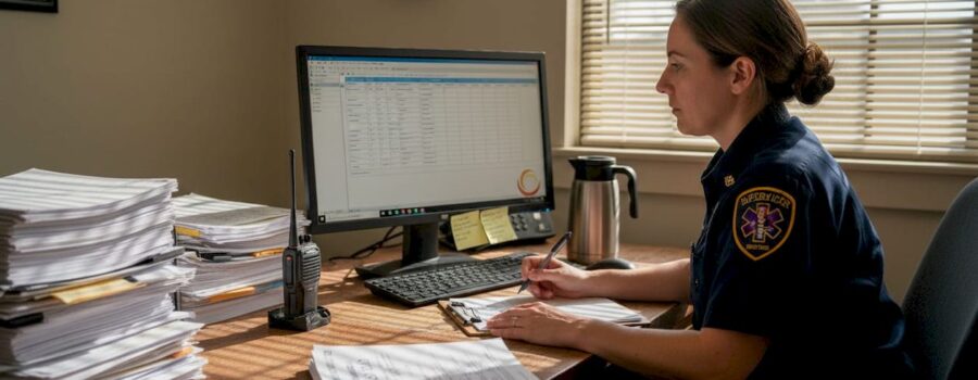 EMS supervisor reviewing schedule in office