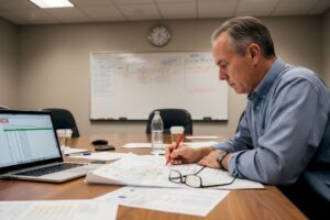 EMS coordinator reviewing response area maps and reports