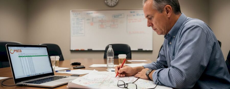 EMS coordinator reviewing response area maps and reports