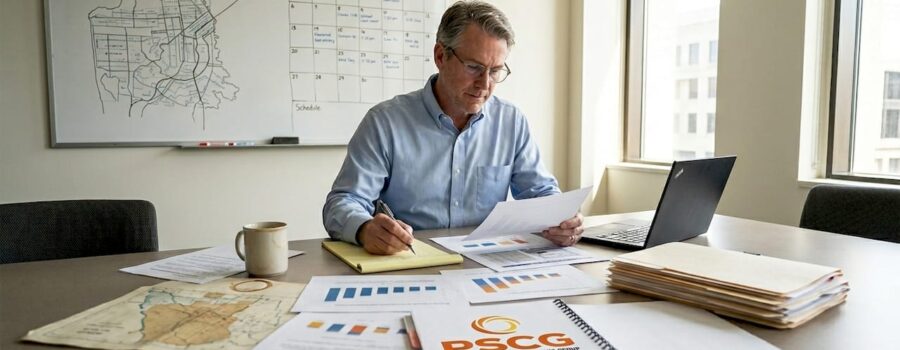 EMS coordinator reviewing strategic planning documents