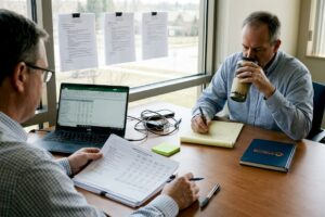 City EMS planners work through documents in meeting