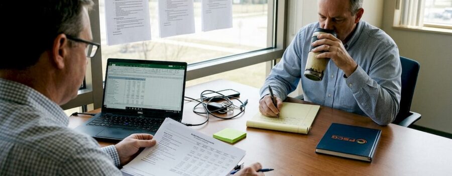 City EMS planners work through documents in meeting