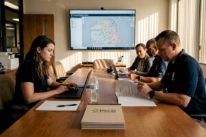 Team reviewing emergency partnership plans at table