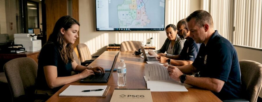 Team reviewing emergency partnership plans at table