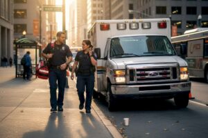 Paramedics heading toward ambulance on city street