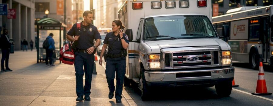 Paramedics heading toward ambulance on city street