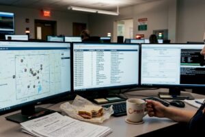 EMS dispatcher at busy workstation during emergency call