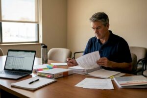 EMS director reviewing audit reports in office