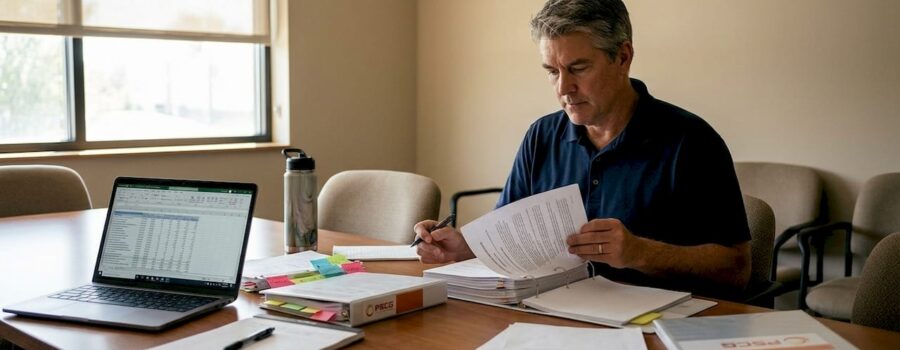 EMS director reviewing audit reports in office