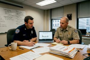 EMS leaders reviewing quality assurance documents