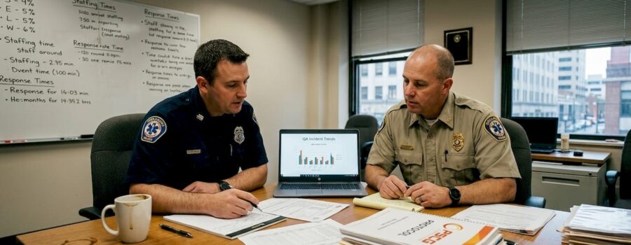 EMS leaders reviewing quality assurance documents