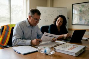 Municipal team reviewing emergency plan documents