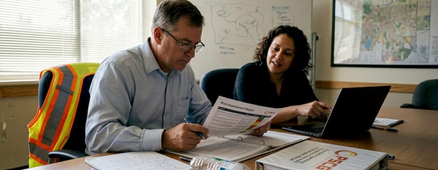 Municipal team reviewing emergency plan documents