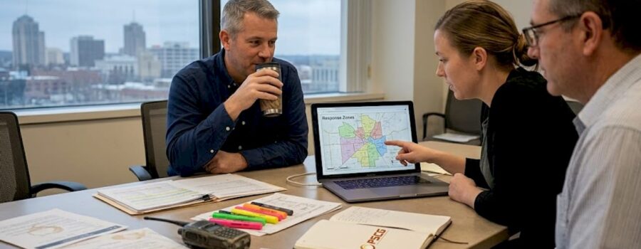 Team reviewing public safety communication plans