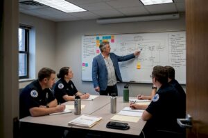 EMS consultant leads workflow discussion meeting