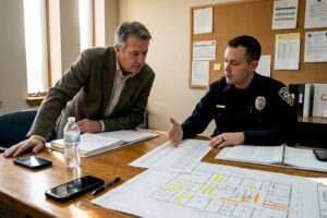 Police consultant and officer discuss call logs