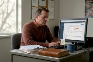EMS administrator reviews billing paperwork at desk